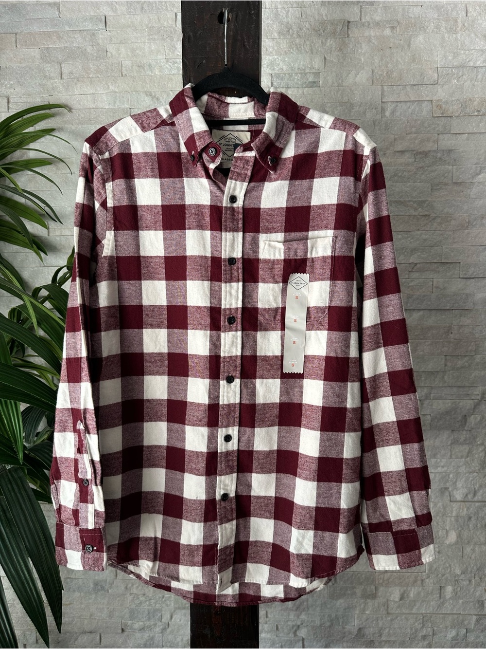 St. John’s Bay Burgundy and White Buffalo Check Flannel Button-Down Shirt Size S